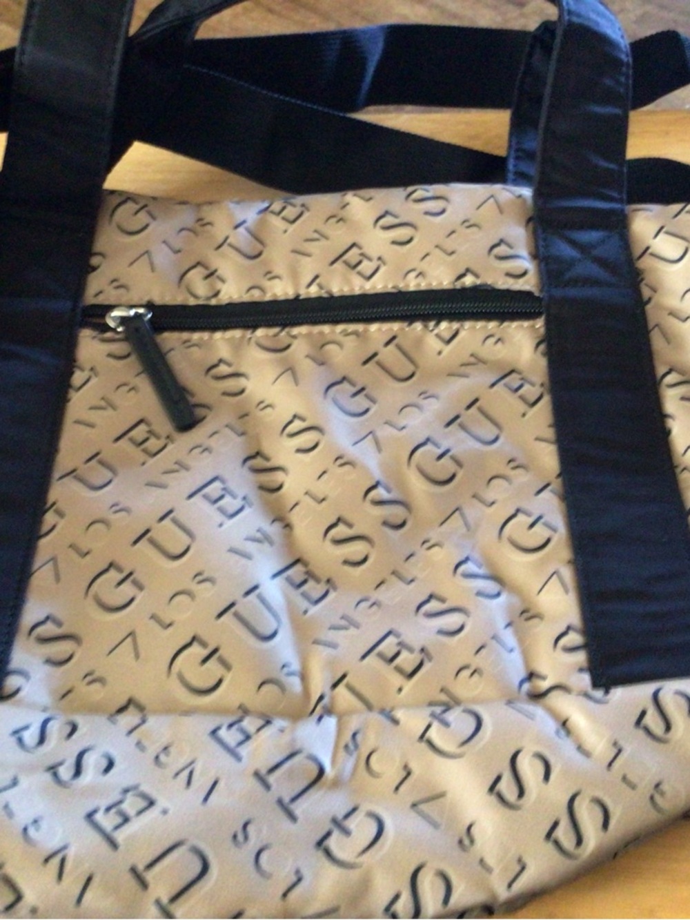 GUESS Beige Logo Travel Tote with Black Straps